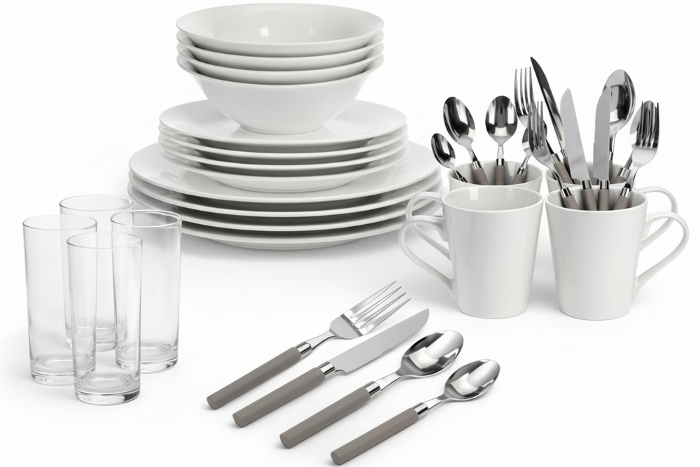 Cookinglife Dinnerware Set Porcelain White 36-piece / 4 people - 4 dinner plates, 4 side plates, 4 bowls, 4 mugs, 4 water glasses, and 4 cutlery sets