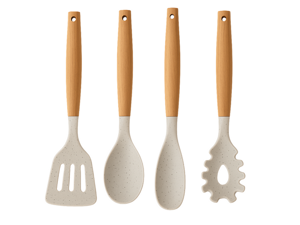 Cookinglife Cookware set - Cookware set - wood beige 4 pieces - Slotted spatula, serving spoon, salad spoon & spaghetti spoon