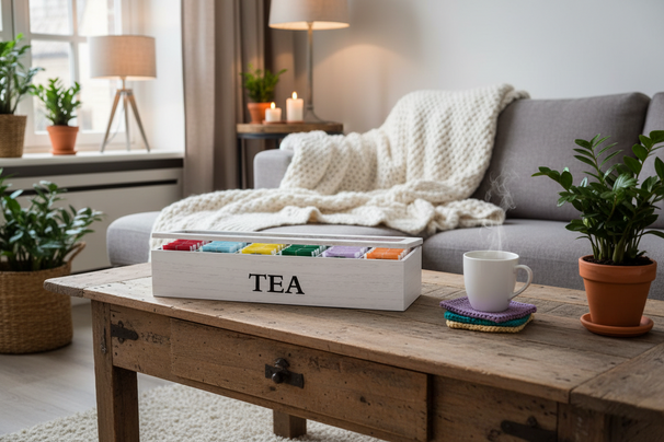 Cookinglife Tea Box Wood White 6-Compartment with Glass Lid