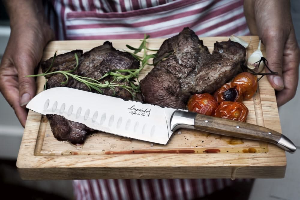 Laguiole Style de Vie Santoku knife Olive Wood With Cutting board 