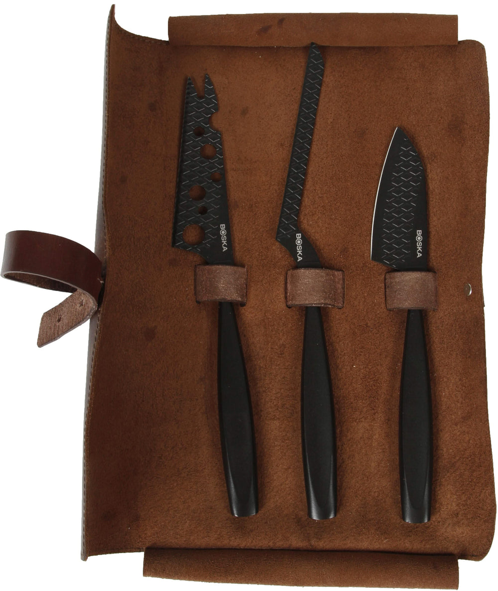 Boska Cheese knife set Monaco+ Black - with leather cover