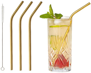 Sareva Reusable straws - with brush - Gold - Curved - 4 pieces