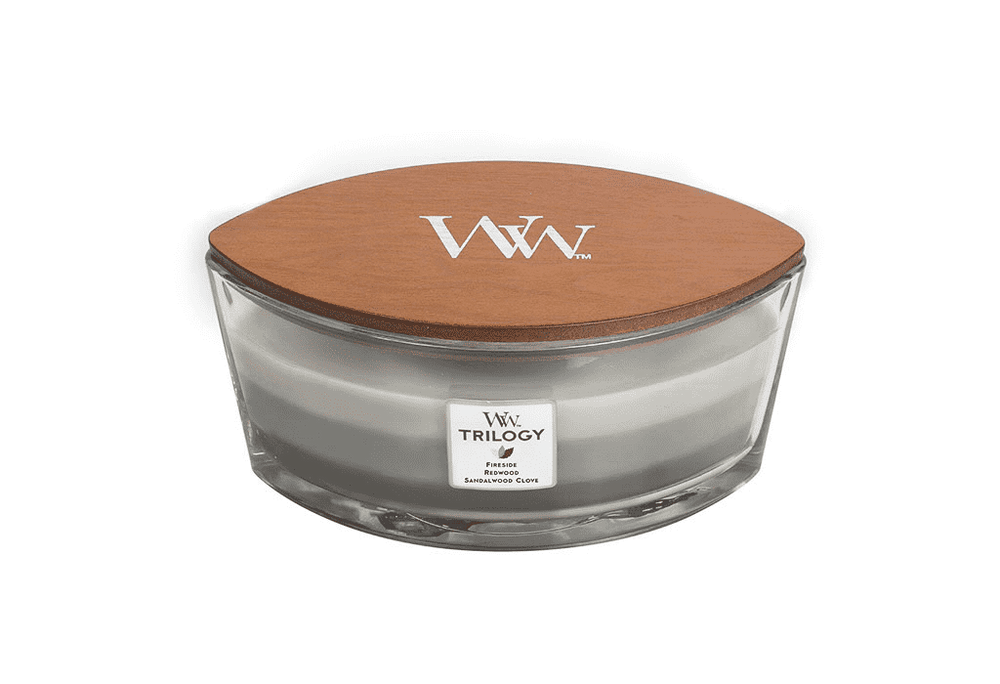 WoodWick Scented Candle Ellipse Trilogy Warm Woods - 9 cm / 19 cm - Scented Candle in Glass - Wooden Wick