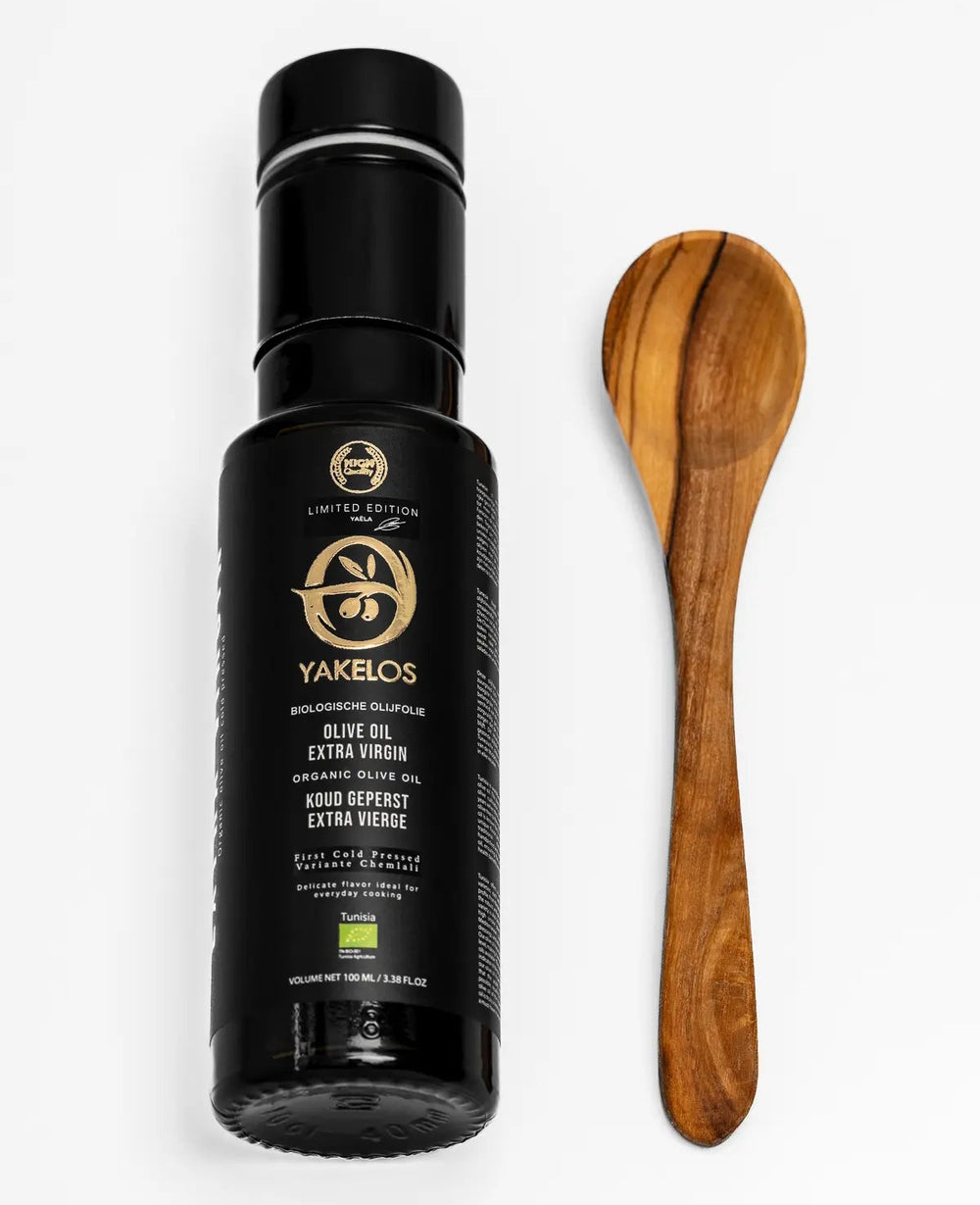 Yakelos Organic Extra Virgin Olive Oil - Sample Pack 100 ml with olive wood spoon